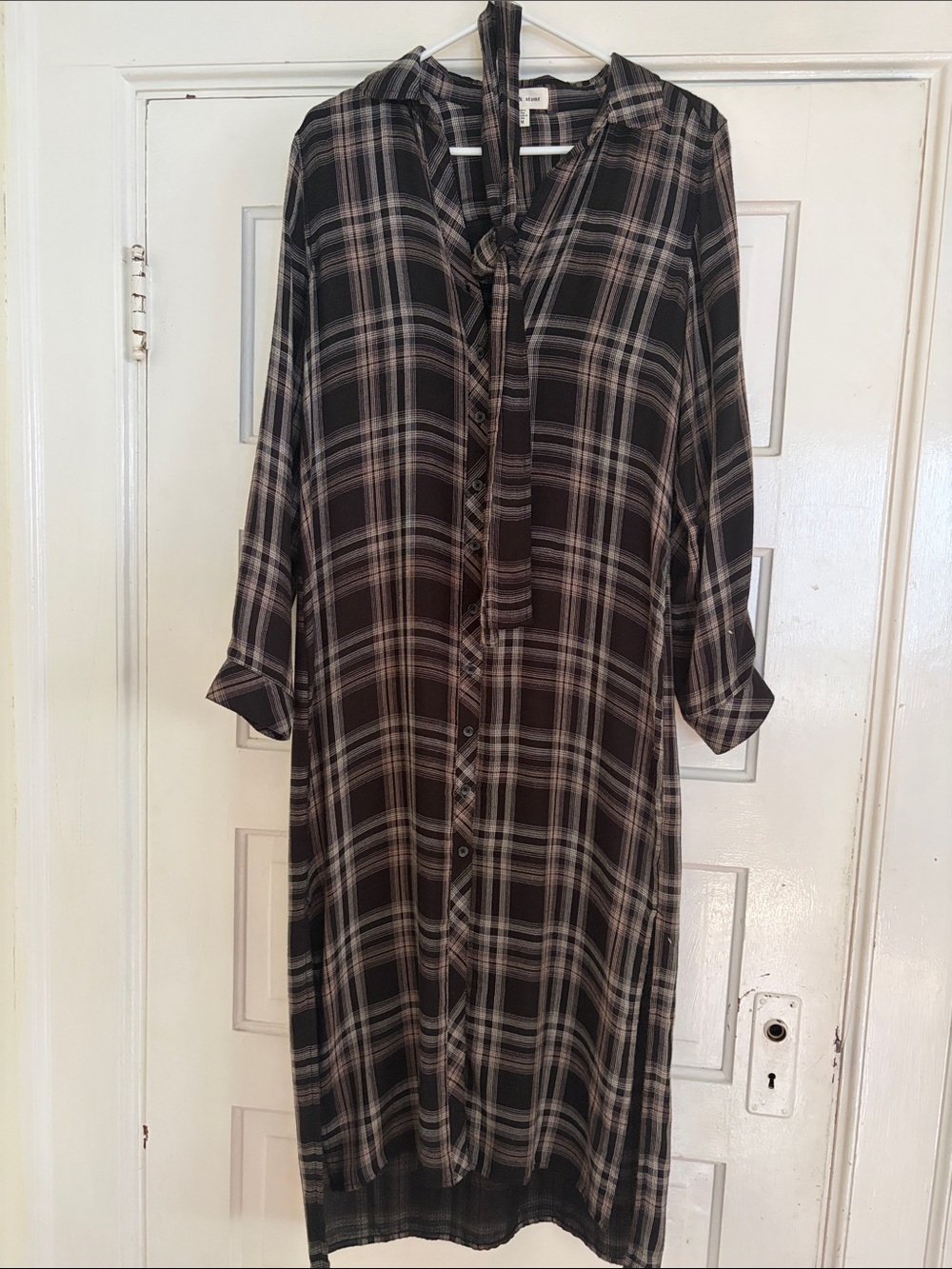 cloth & stone Black and Gray Plaid Tie-Neck Midi Dress